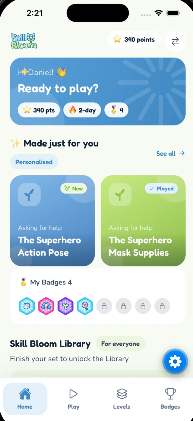 The child's home screen in Skill Bloom, with personalised stories and badges