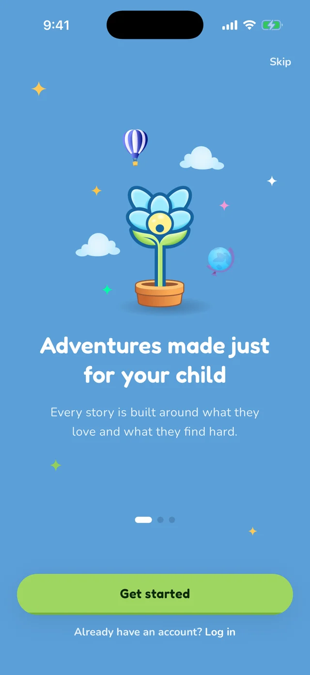 The Skill Bloom app welcome screen: adventures made just for your child